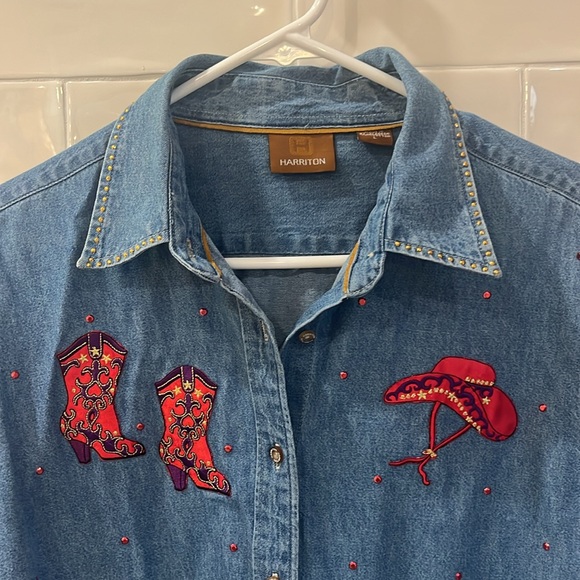 Cowboy Cote Jean Shirt embellished with Western Boots & Hat Women’s L - Picture 2 of 7